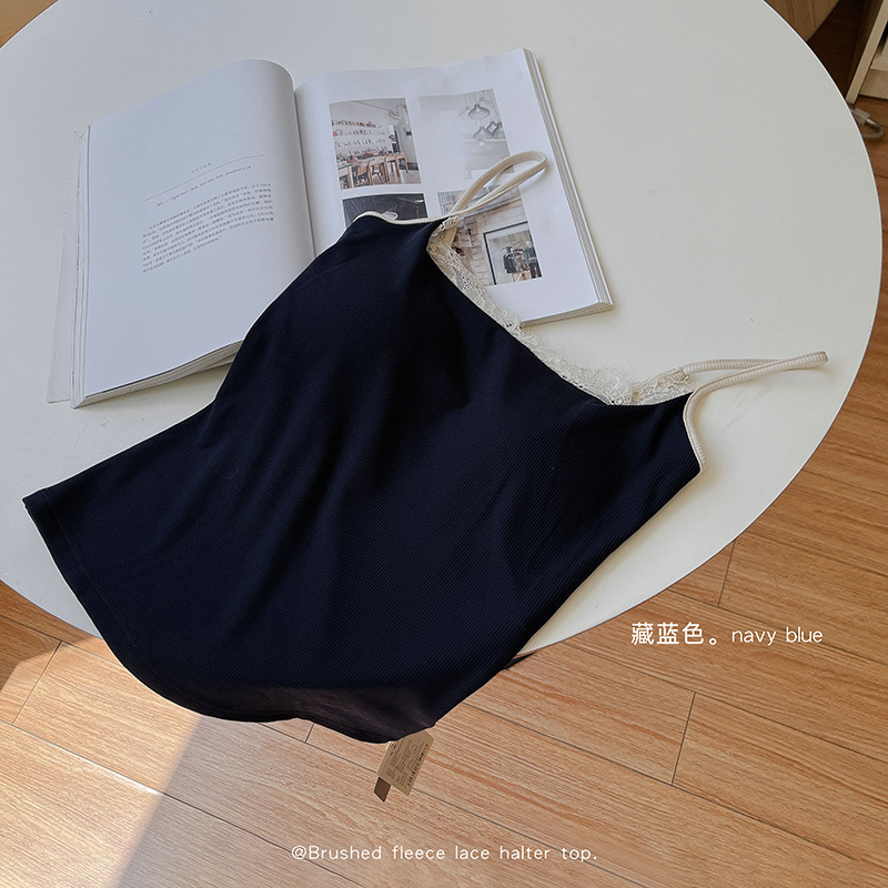 羊毛坑条磨绒吊带背心女复古撞色蕾丝带胸垫内搭打底保暖无袖上衣|undefined