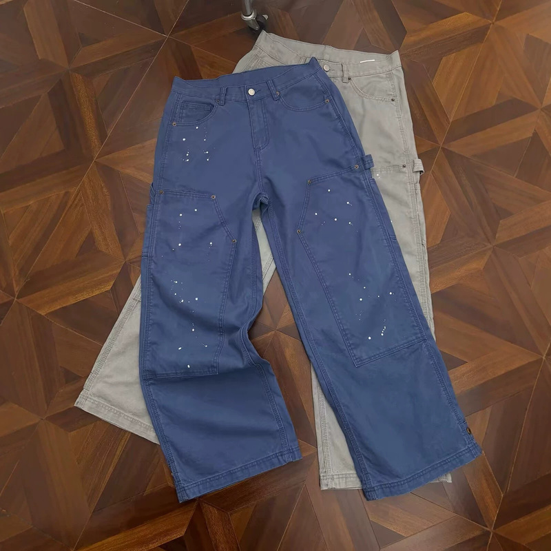 CURPOPP Men's Straight-Leg Work Pants with Ink Splatter Design, Cleanfit, Heavy Washed Blue, Vintage Look, Logging Work Pants CURPOPP Men's Straight-Leg Work Pants with Ink Splatter Design, Cleanfit, Heavy Washed Blue, Vintage Look, Logging Work Pants