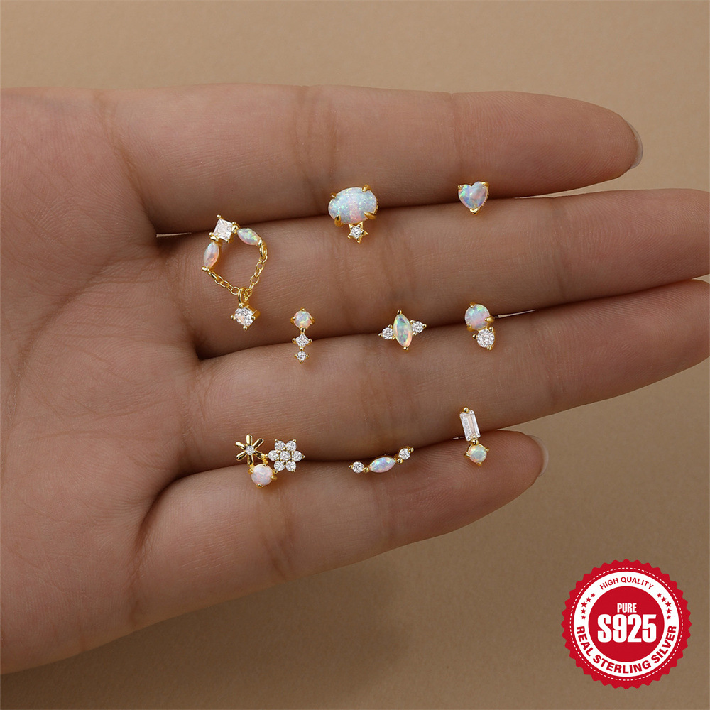 Nuevo estilo s925 plata de ley estilo caliente micro-incrustación circón flor oreja hueso clavo comercio exterior transfronterizo serie Opal arete perforador