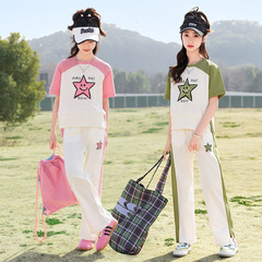 2024年夏季新品織里童裝針織短袖運動風倆件套女中大童夏季套裝