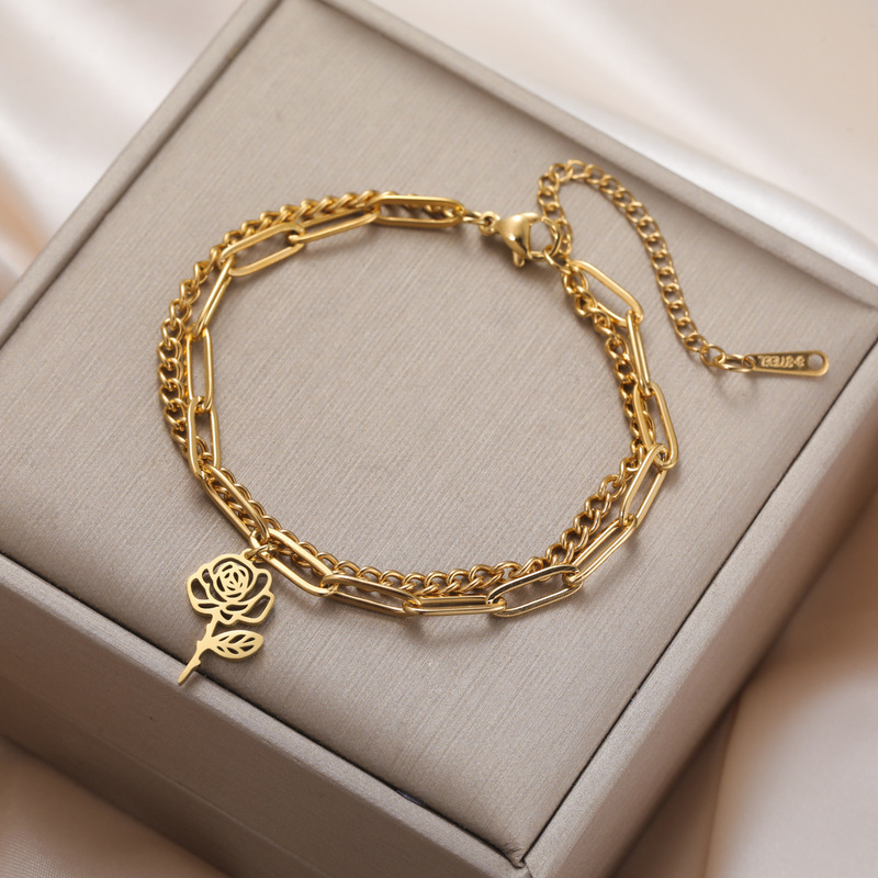 December Flowers Charm Bracelet Stainless Steel Double Layer Pclip Chain Rose Daisy Jewelry Birthday Gift