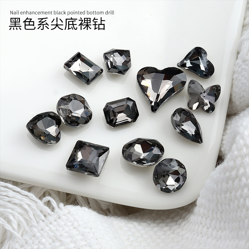 New Black Series Pointed-Back Loose Diamond Nail Art Accessories Wholesale Heart Butterfly Nail Decoration Factory Direct Crystal