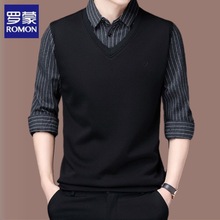 正品罗蒙假两件套长袖T恤男士衬衫领丝光棉春秋休闲上衣打底衫