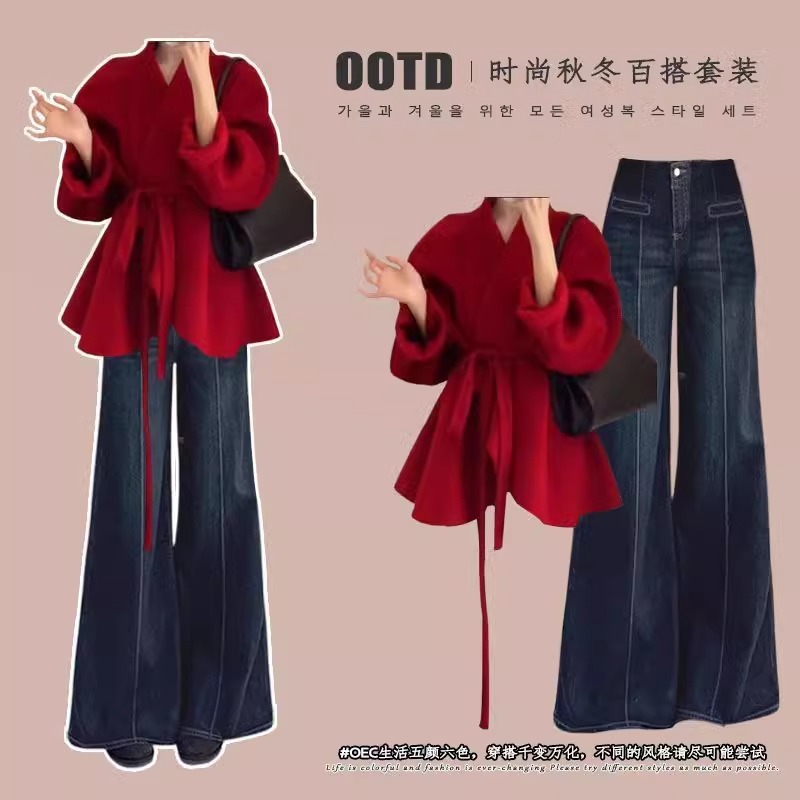 小个子设计感小众套装女春秋季新款减龄遮肉红色外套牛仔裤两件套|undefined