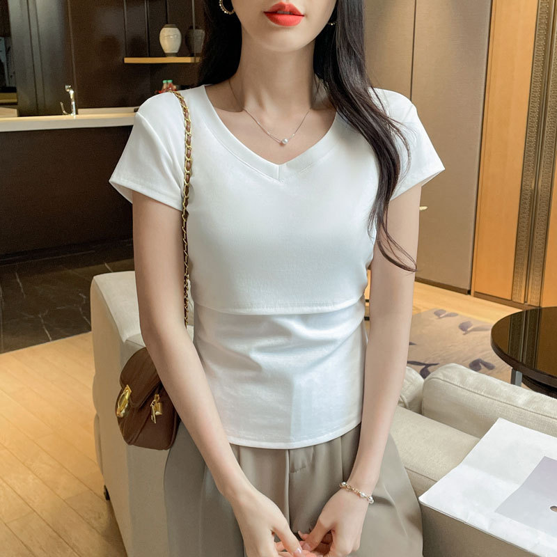妊婦服の夏の新型純綿哺乳tシャツの産後の辛いお母さんのvネックの百合の修身はやせています。|undefined