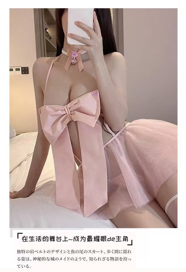 Pink Bow Three-Piece Lingerie Set with Mesh Overlay, Collar Bell and White Tights — detail image 6