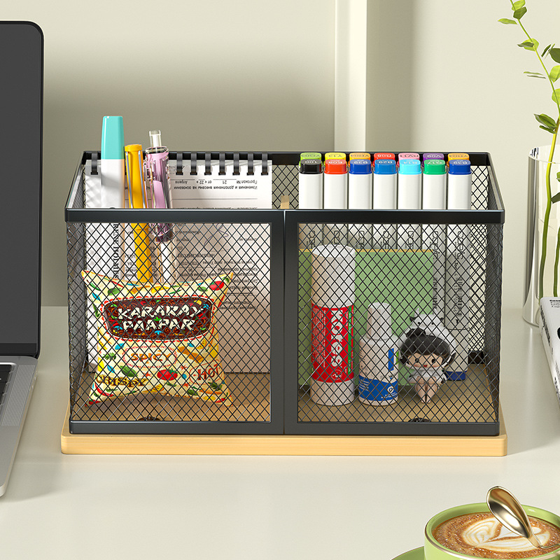펜 홀더 사무실 데스크탑 철 케이스 간단한 문구 보관 상자 사무용품 펜 홀더 학생 금속 대나무 보드