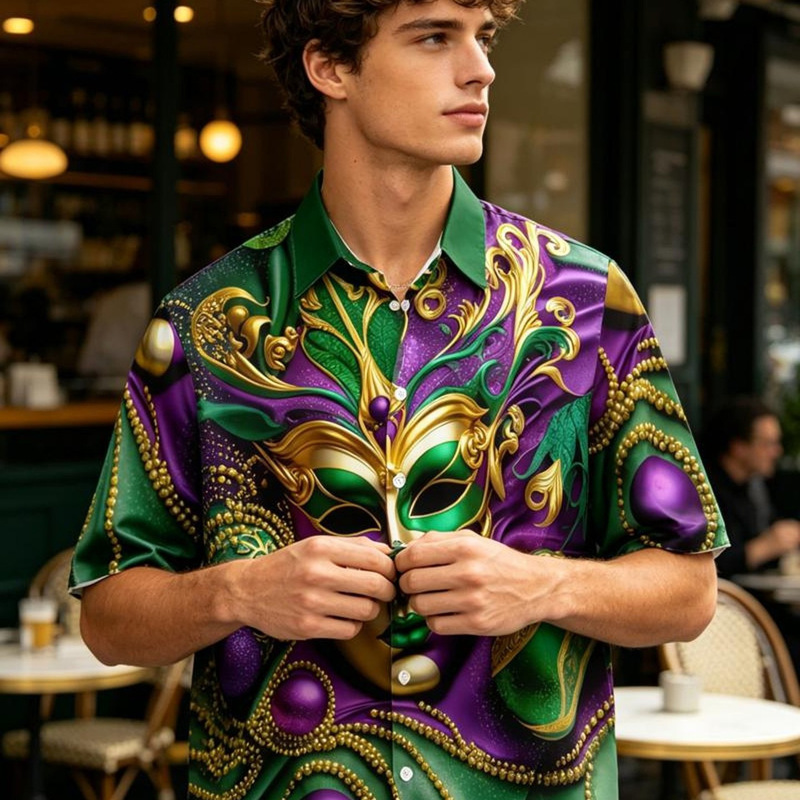 Men's Carnival Mask Print Short Sleeve Shirt, Summer Casual Turn-down Collar Cardigan, Unique Vacation Style Men's Shirt