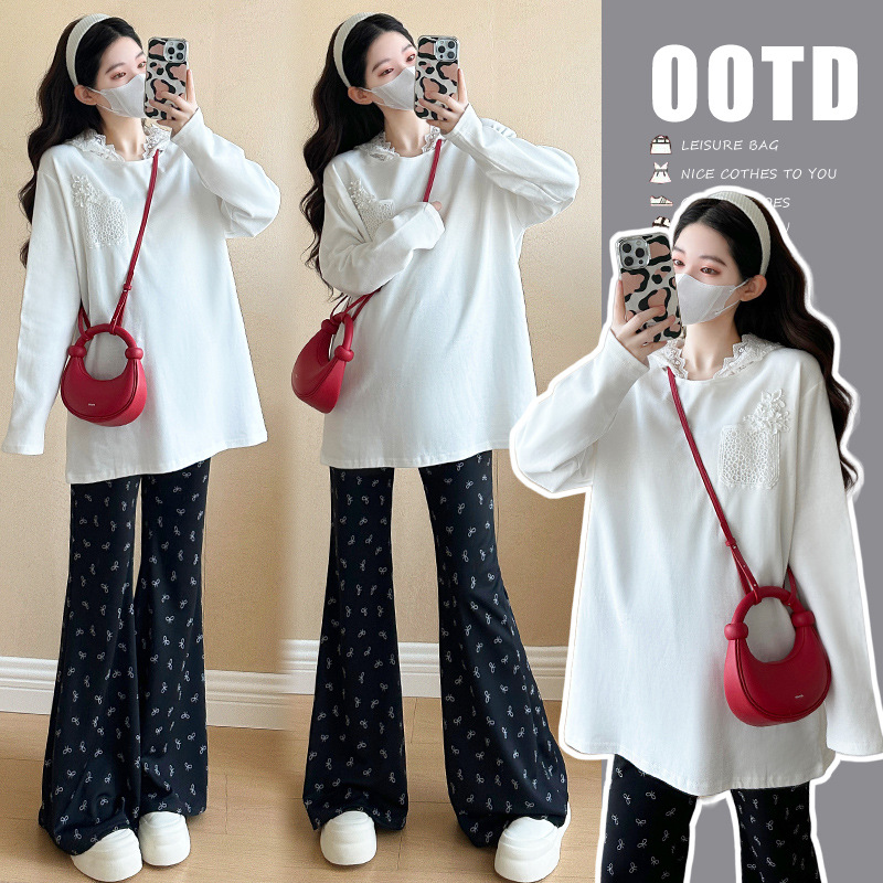 임산부 정장 봄 신상 레이스 스티칭 느슨한 긴팔 T + 프린트 플레어 팬츠 임산부 투피스 정장