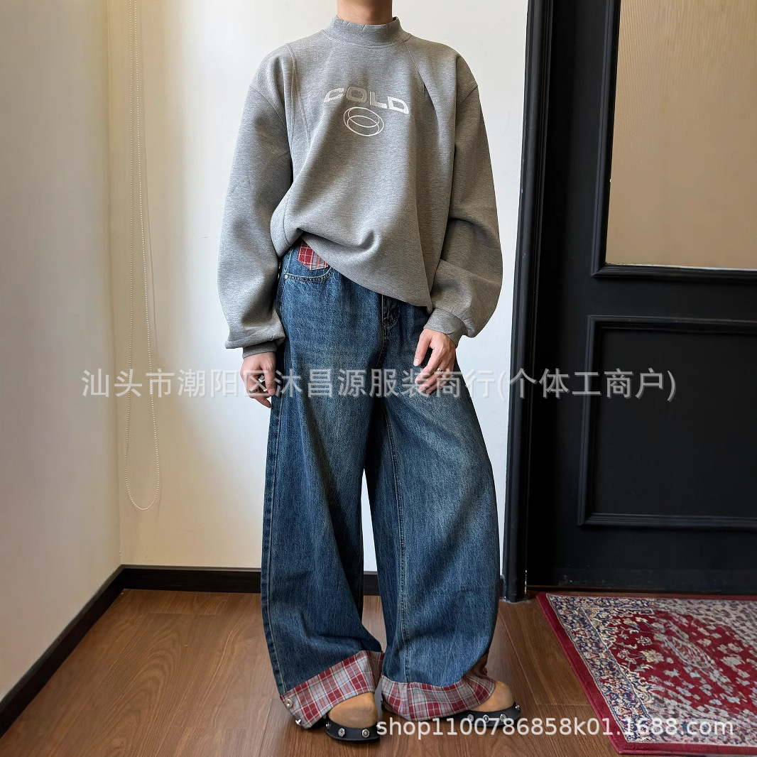 American-style High Street Straight Roll-up Plaid Old Jeans Men's and Women's Early Autumn All-match Loose and Handsome Long Pants