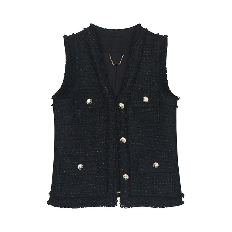 Black Versatile Slimming V-Neck Tweed Loose Vest in Chanel Style, Sleeveless Top for Ladies 25163