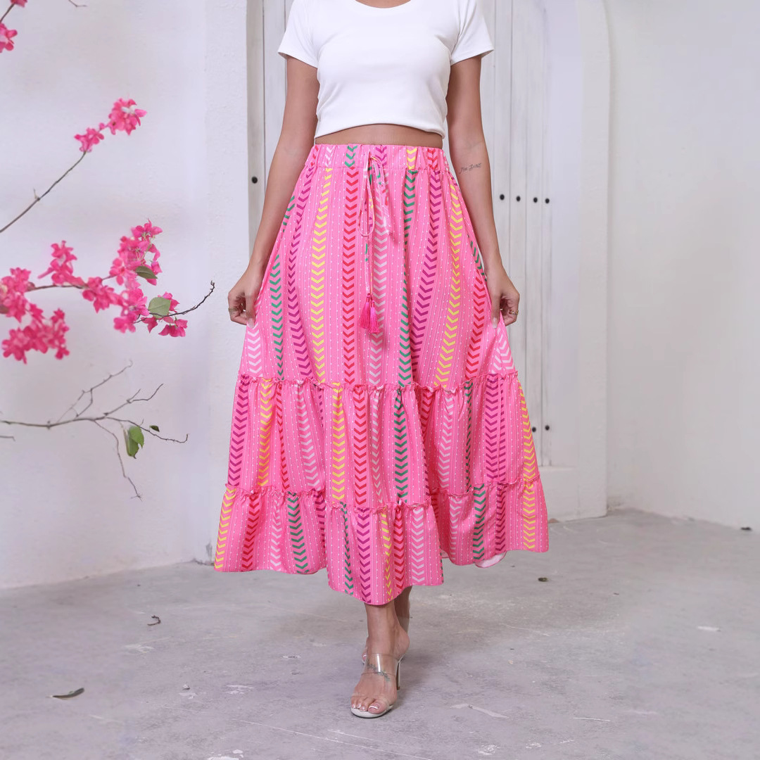 Real Shot Of Cross-border Foreign Trade 2025 Summer New Bohemian Resort Style Printed Flared Skirt For Women_ecoleips.com