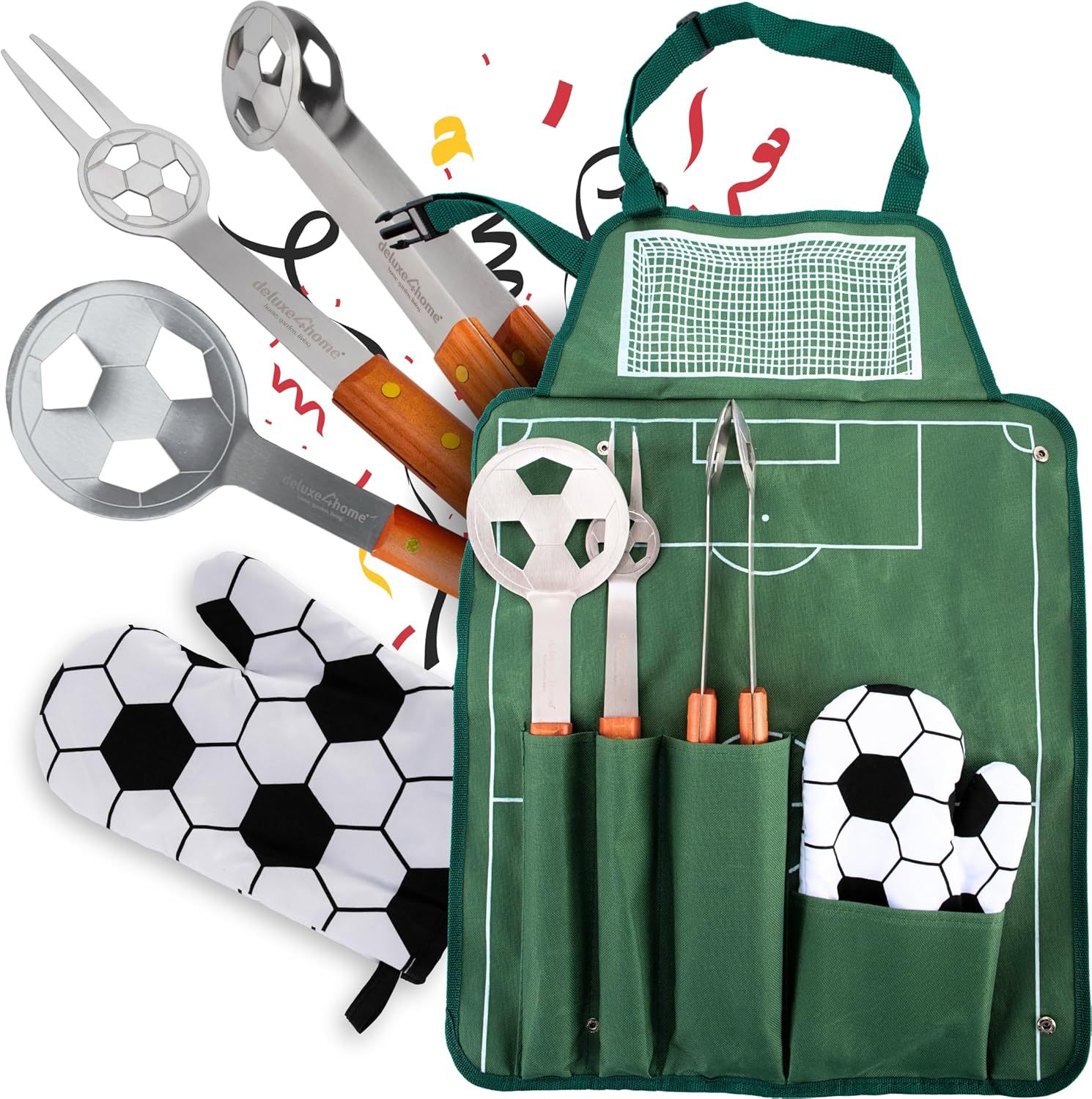 Amazon Cross-border venta caliente fútbol de acero inoxidable juego de utensilios de parrilla con mango de madera al aire libre BBQ herramientas de barbacoa combinación de bolsa de tela