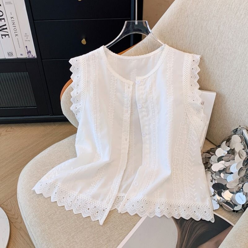 Designed Lace Shirt, Sleeveless Vest, White Shirt, Women's Summer Style Single-Breasted Shirt, Slimming Loose Top
