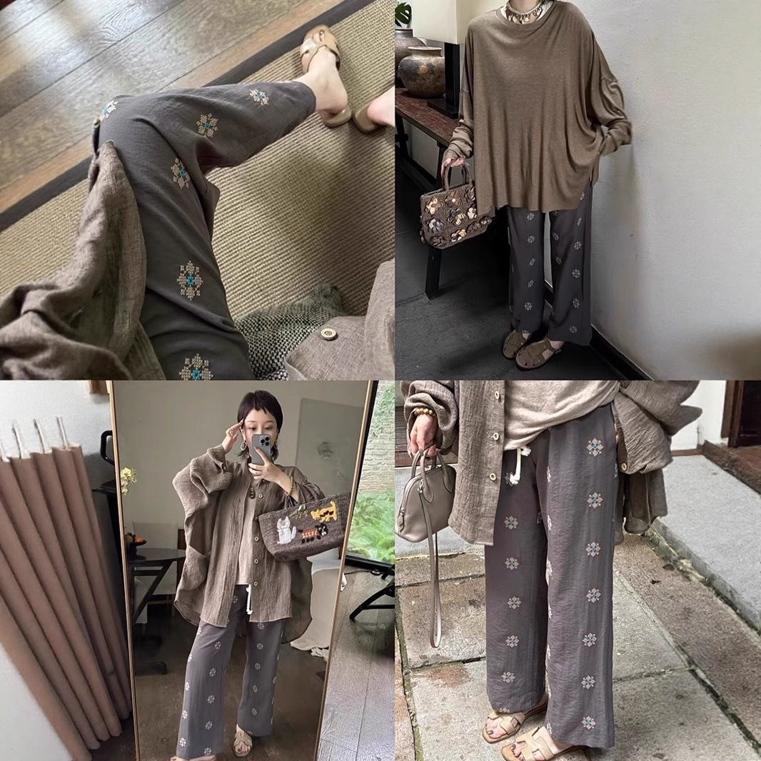 Nara Girl 2025 Summer New Capsule Series Embroidered Slimming Flared Casual Pants