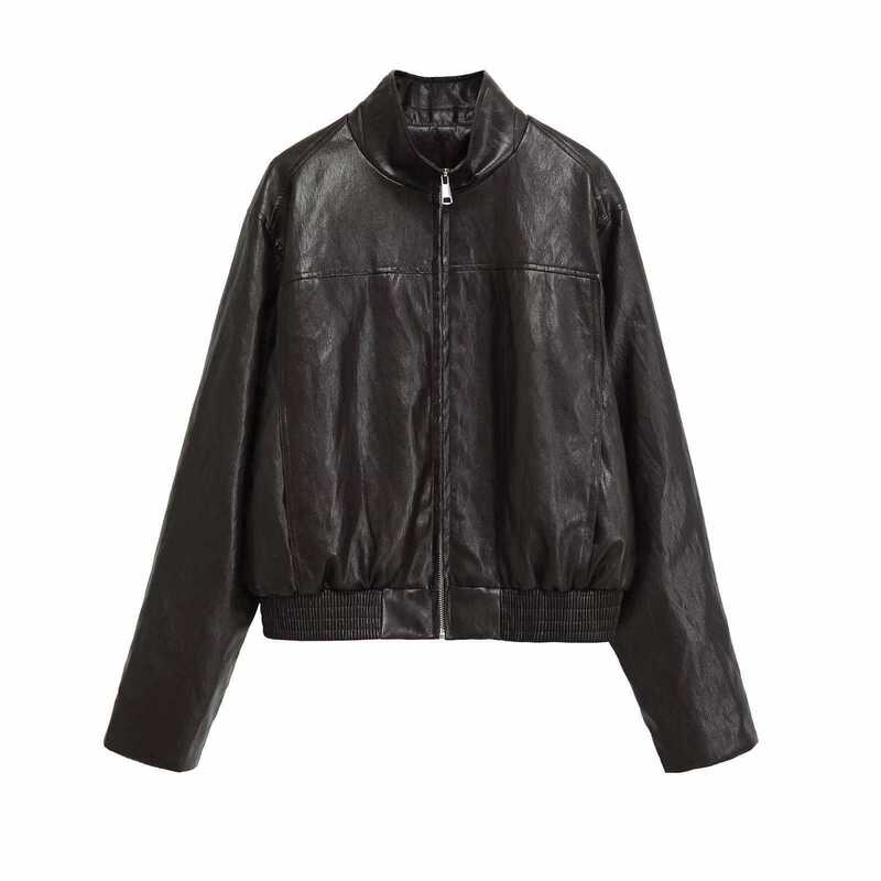 Cross-Border Spring European and American Style Faux Leather Stand-Collar Long-Sleeve Bomber Jacket// Cross-Border Spring European and American Style Faux Leather Stand-Collar Long-Sleeve Bomber Jacket//
