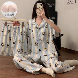睡衣女夏季新款云朵棉三件套带胸垫小翻领短袖短裤休闲家居服套装