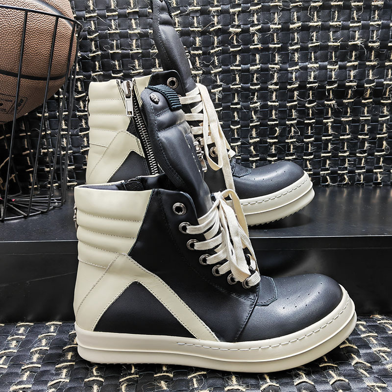 RO 大钩子倒三角高帮鞋黑白鞋真皮大码厚底欧美潮短靴粉色情侣靴