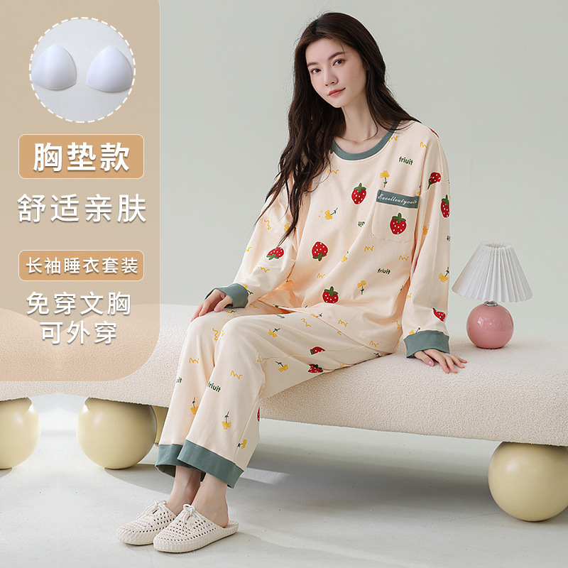 Spring, Autumn, and Winter Pajamas for Women, Cotton Long-Sleeved with Chest Pads and Bra Pads, Extra Large Size 200 Pounds 5XL Home Wear Set