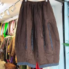 25秋季简约新品双层亚麻松紧腰系绳格纹拼接宽松百搭休闲裤哈伦裤