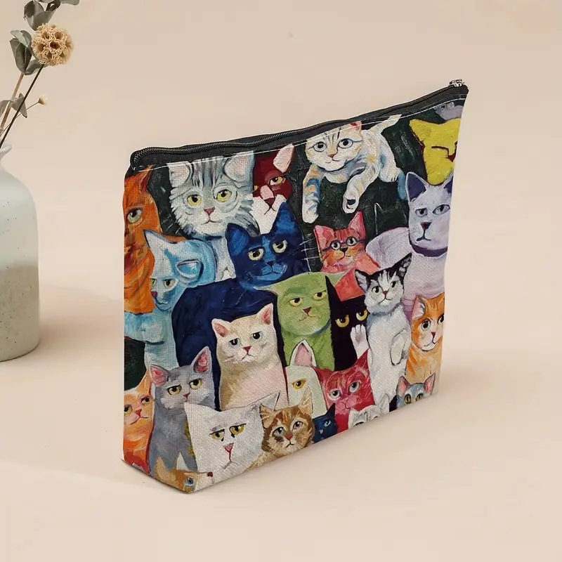 Transfronterizos Amazon maquillaje de mujer diseño de gato maquillaje creativo bolsa bolsa de almacenamiento lino bolsa de cremallera impermeable