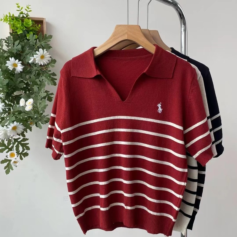 夏季POLO领T恤女藏蓝色条纹短袖人头马刺绣翻领t恤冰丝通勤|undefined