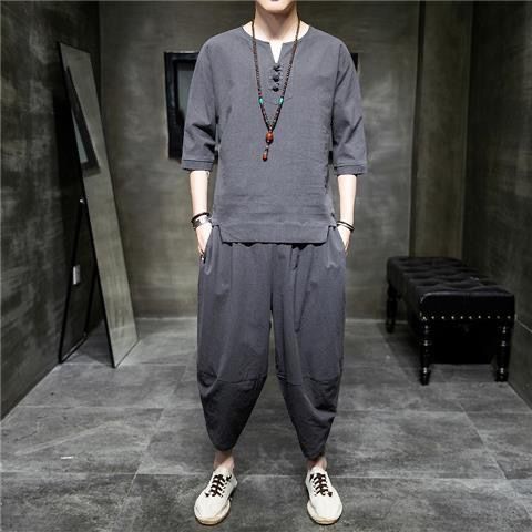 Traje de lino de estilo chino de verano Camiseta de manga corta para hombre Estilo antiguo suelto casual Camiseta Hanfu de algodón y lino de gran tamaño Traje Tang