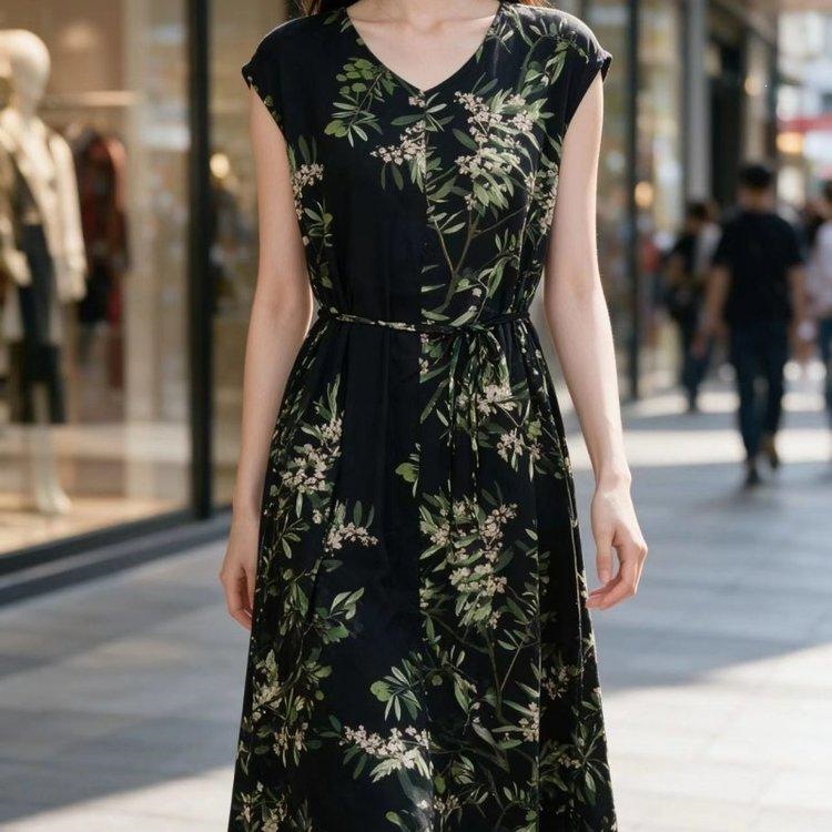Summer casual and stylish women's dress with short sleeves made of synthetic cotton.
