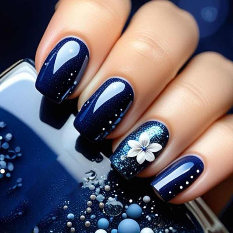 Foreign Trade Wearable Nails Short Square Dark Blue Stereo Flower Pattern Wearable Fake Nails Removable 24-Piece Manicure