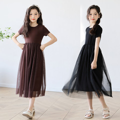 女童連衣裙2024夏新款中大童拼接甜美網紗裙短袖公主裙表演裙