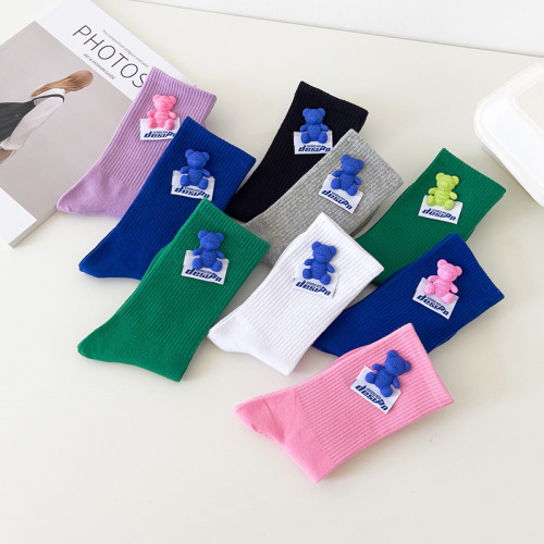 Spring and Autumn Japanese style men's and women's same style with cloth label bear outer wear couple's sports trendy socks macaron color mid-calf cotton socks