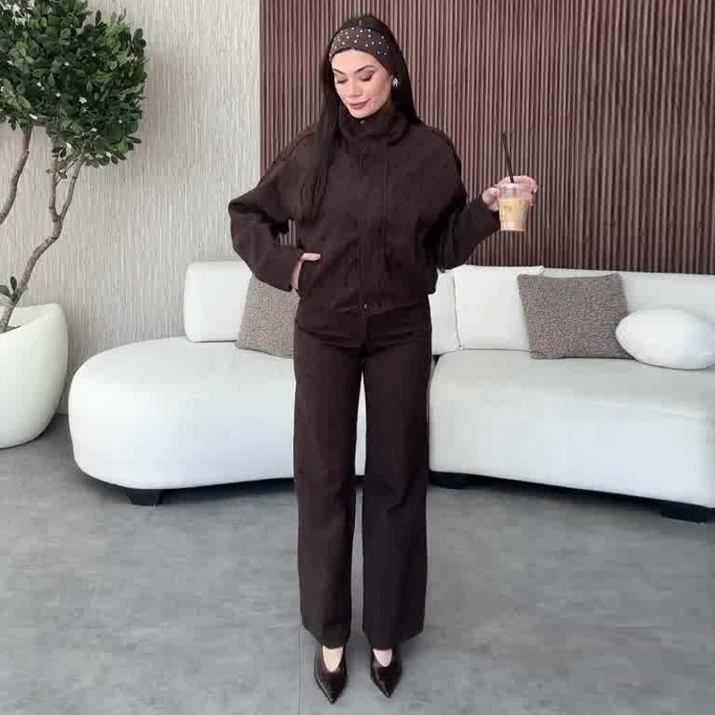2026 New European and American Amazon Cross-Border Foreign Trade Women's Clothing Long-Sleeve Loose Dark Brown Straight-Leg Pants Simple Two-Piece Set