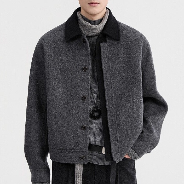 In-stock wool and down-lined winter jacket with a stylish design, reversible wool coat, men's short wool coat