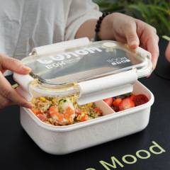 Rectangular plastic wheat straw single-layer compartment student lunch box with lid and utensils, 1100ml