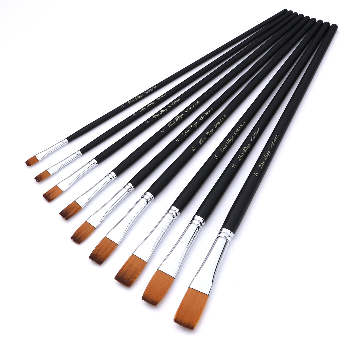 Venta directa de fábrica de 9 pinceles de punta plana de nailon con mangos de madera negros brillantes, pinceles para pintura al óleo, herramientas de pintura duraderas.
