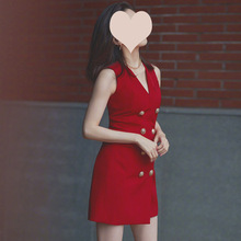 明星同款御姐小香风红色双排扣中长款修身显瘦西装连衣裙女潮新款