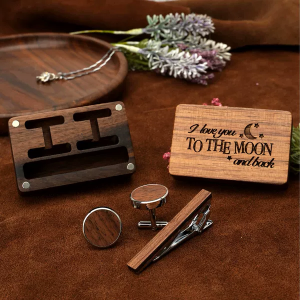 Black Walnut Tie Clip Cufflink Set in Wooden Box with Engraving, Long French-Style Cufflinks and Tie Clip, Wedding Groomsman Gift Set