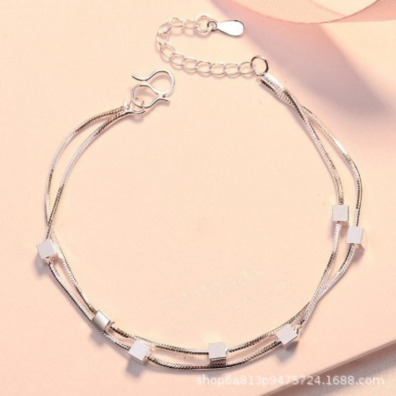WYF107-Double-layer square pendant silver bracelet #SZ030