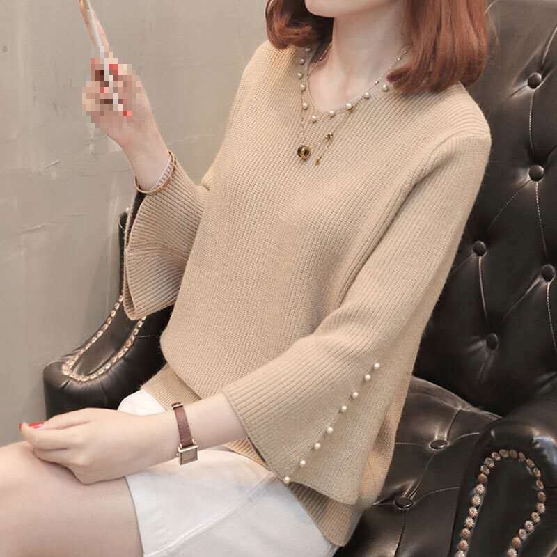 New pullover sweater, versatile and trendy, with loose sleeves, short style, beaded, casual knitwear, Korean version, suitable for spring and autumn