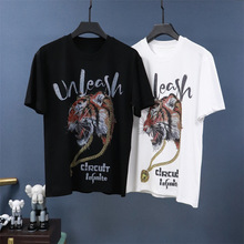 欧货潮牌重工ED大C梵文字母老虎头印花烫钻宽松短袖T恤加肥大胖子