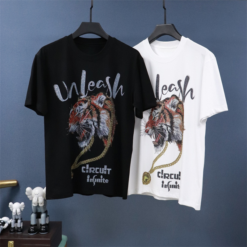 欧货潮牌重工ED大C梵文字母老虎头印花烫钻宽松短袖T恤加肥大胖子