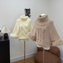 2025秋冬新款粗针针织高领毛衣拼接可拆卸狐狸毛袖口皮草宽松套头