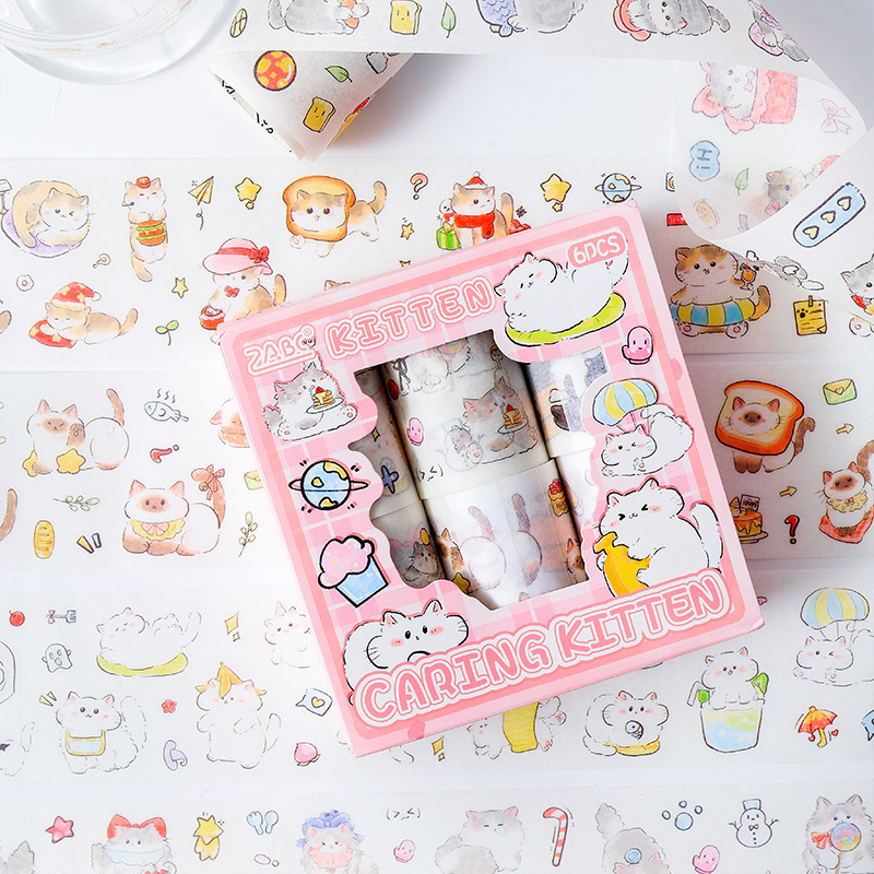 Impresión de gato y cinta de papel, caja de bricolaje, pegatinas de diario de cuentas de mano, pegatinas de gato de animales de dibujos animados retro transfronterizos
