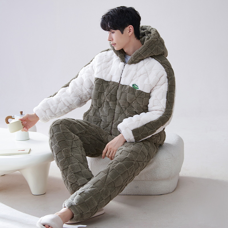 Pijamas de hombre invierno coral polar engrosado forrado de lana de tres capas de algodón acolchado chaqueta otoño e invierno cálido invierno ropa de casa súper gruesa