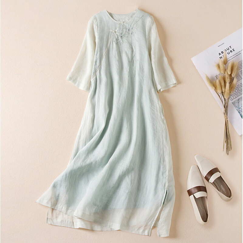 Ramie Half Sleeve Dress Women's Round Neck Buckle Embroidered Solid Color Loose Artistic Modified Long Cheongsam