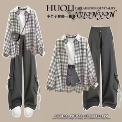 夏の女子学生韓国風ルーズ長袖チェック柄日焼け止め服シャツ+半袖Tシャツ+