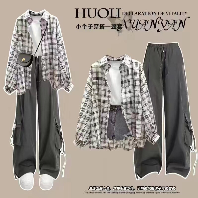 夏の女子学生韓国風ルーズ長袖チェック柄日焼け止め服シャツ+半袖Tシャツ+|undefined