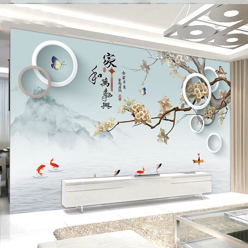 电视背景墙壁纸新款客厅家和万事兴墙纸墙布九鱼8d立体影视墙壁画