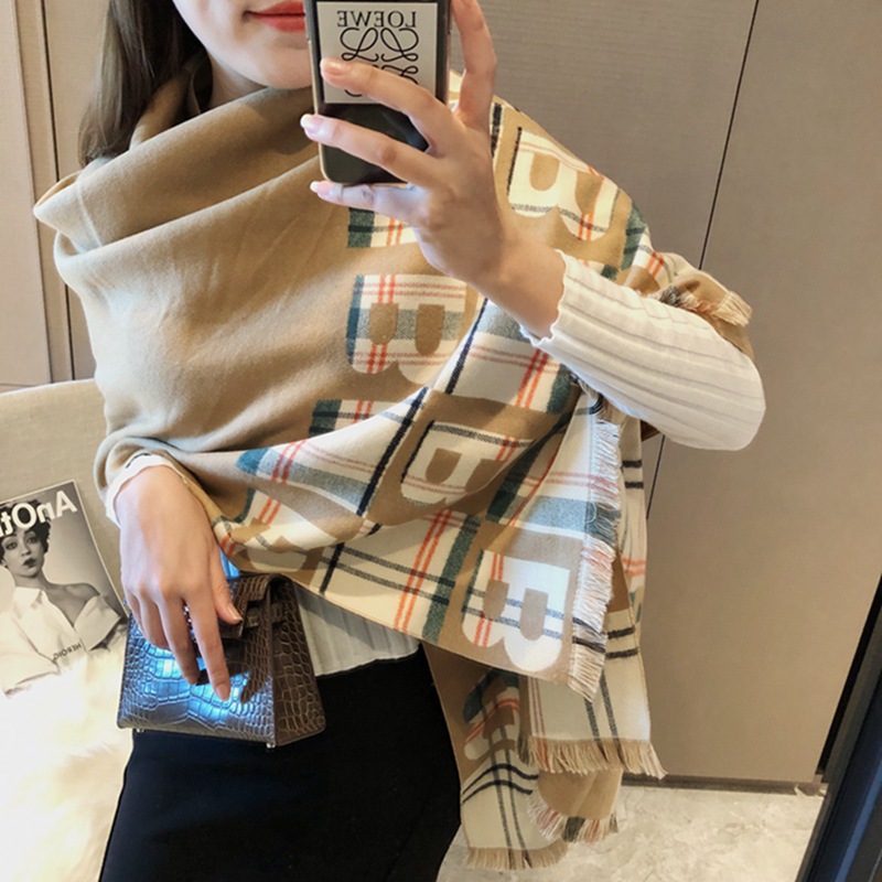B字母歐美跨境仿羊絨圍巾女秋冬新款保暖加厚包芯紗雙面披肩圍脖