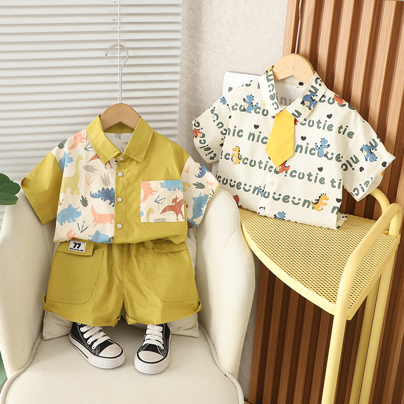 Dropshipping Summer Boys' Stylish Tie Shirt Short-Sleeve Shorts Foreign Trade T-Shirt Children's Set Summer